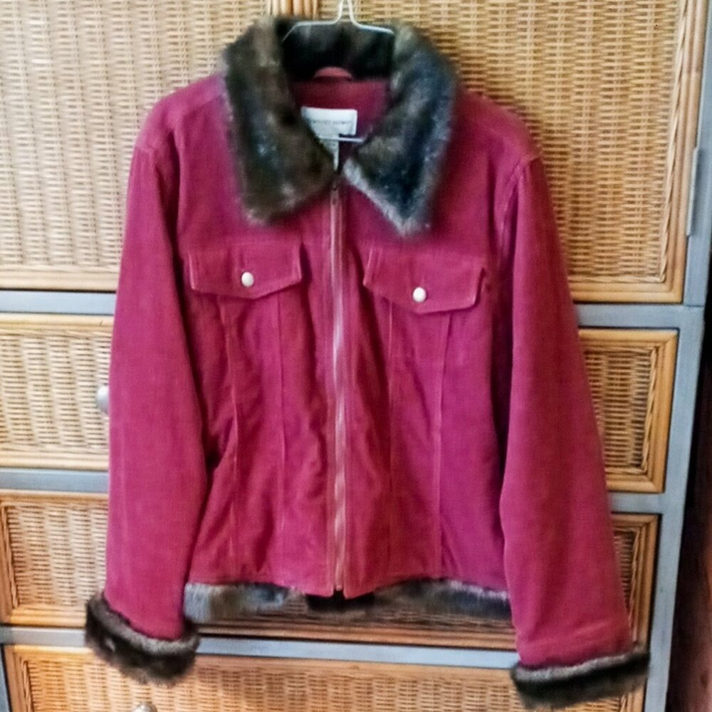 Newport News Burgundy Bomber Jacket with Faux Fur Collar